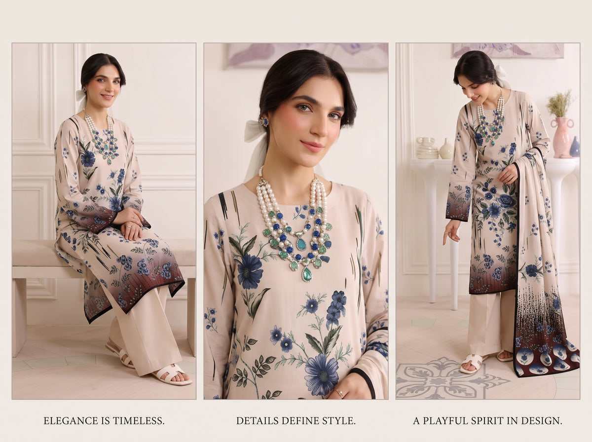 BISMIL 3 PIECE - DIGITAL PRINTED VISCOSE SUIT Unstitched